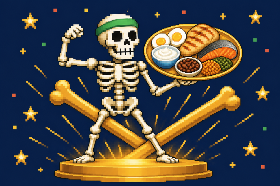 Coach Ripped presenting a healthy protein meal in retro pixel art